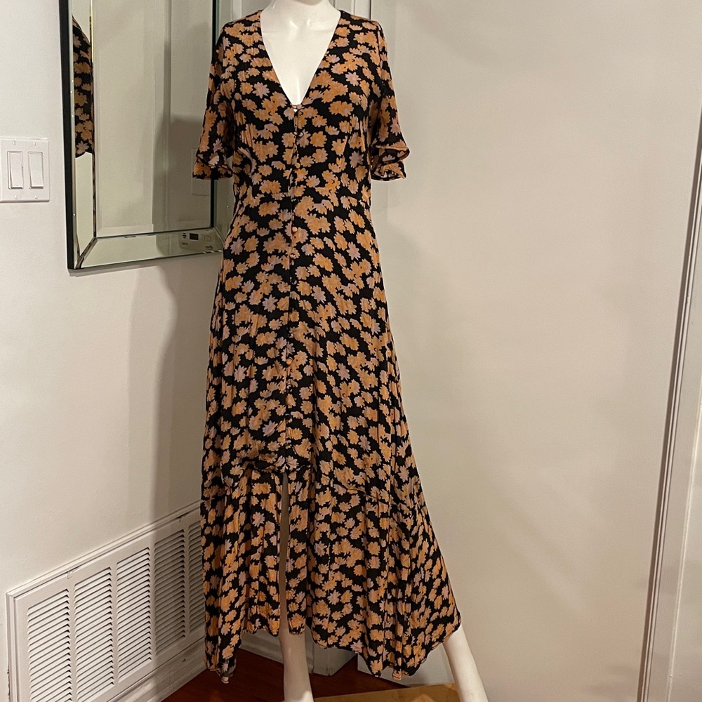 Veda Montana Black with florals V-Neck Maxi Dress Sz Medium